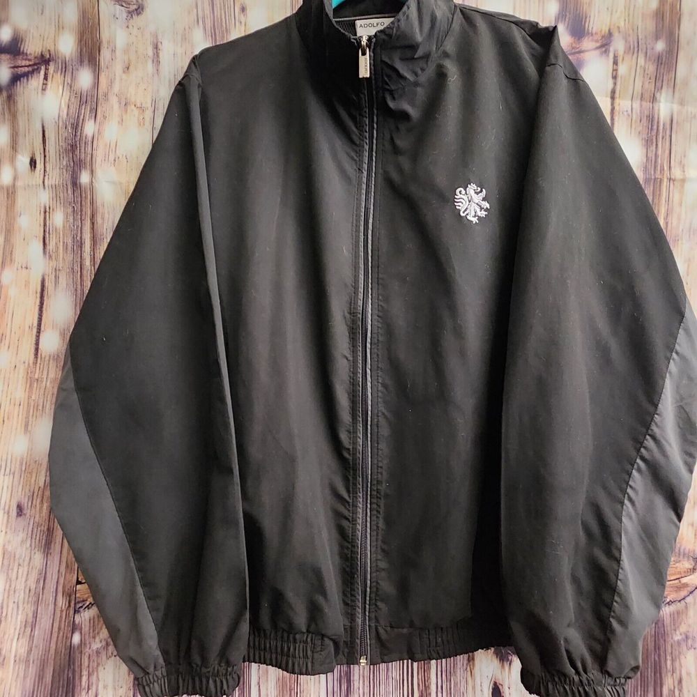 Adolfo Sport Jacket Medium Full Zip Mens‎ Black Gray  Stripe Golf Coat Bomber